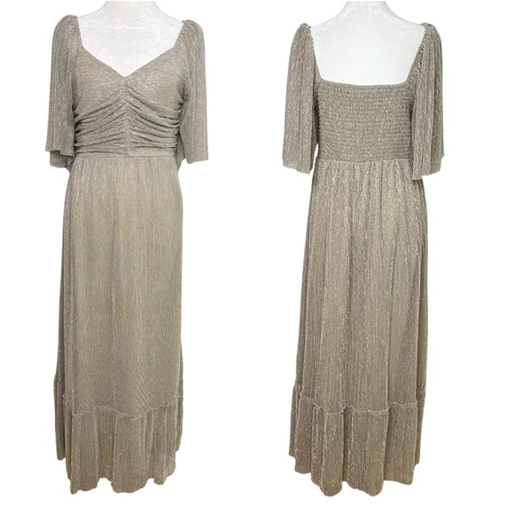 BALTIC BORN Athena Pleated V-Neck Maxi Dress Champagne Gold Metallic Size L - Picture 1 of 17
